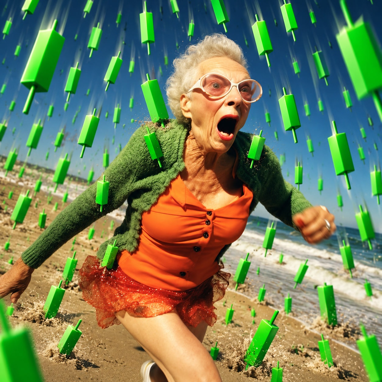 Grandma Pump running through green candles